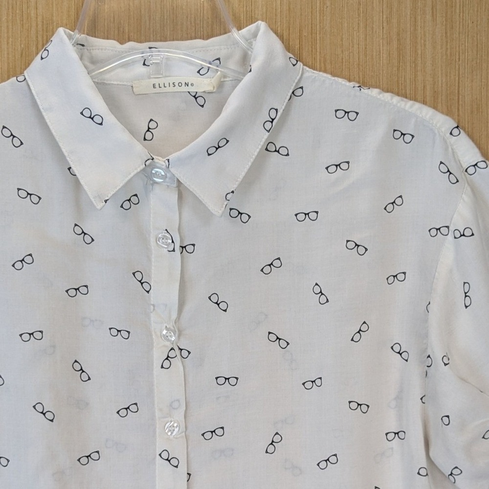 Ellison Womens White Eyeglasses‎ Print Shirt Small Twee Quirky Whimsy Teacher